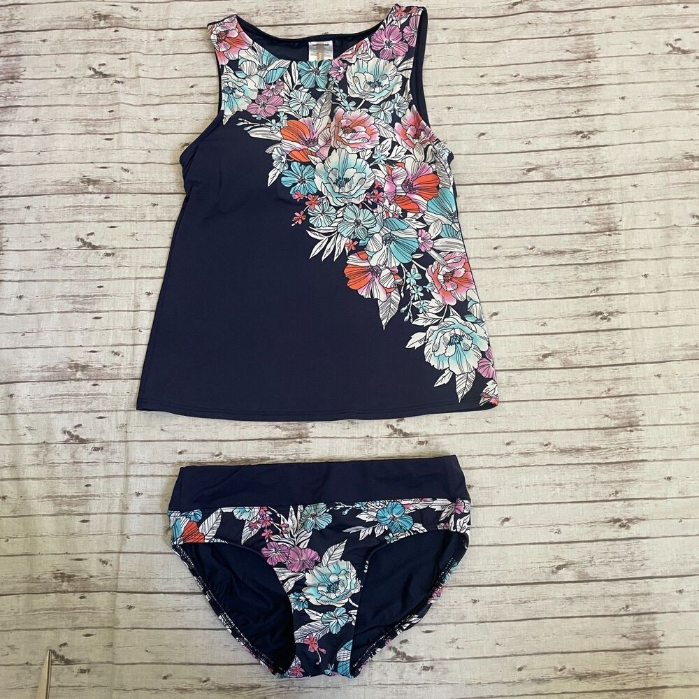 Lands End Women's Size 4 Modest Tankini  Set Swimsuit Blue Floral High Neck